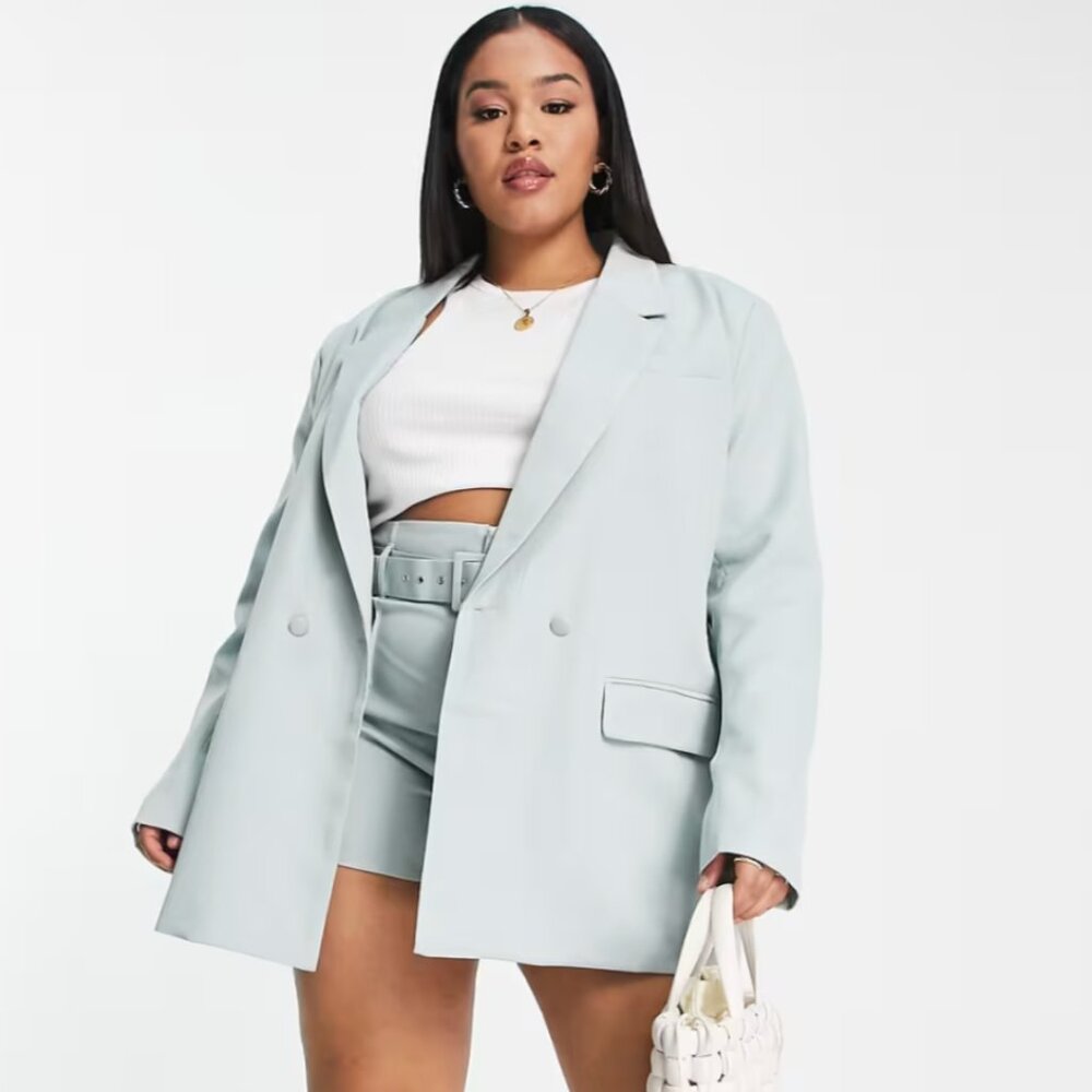 ASOS In The Style Plus x Dani Dyer Light Blue Double Breasted Blazer